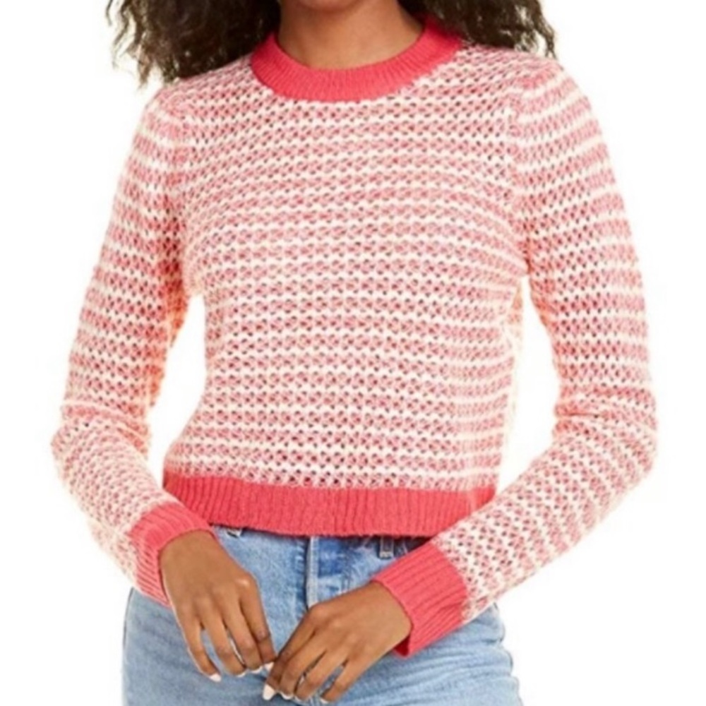 WAYF Pink White Crochet Yarn Knit Crewneck Sweater Top XS